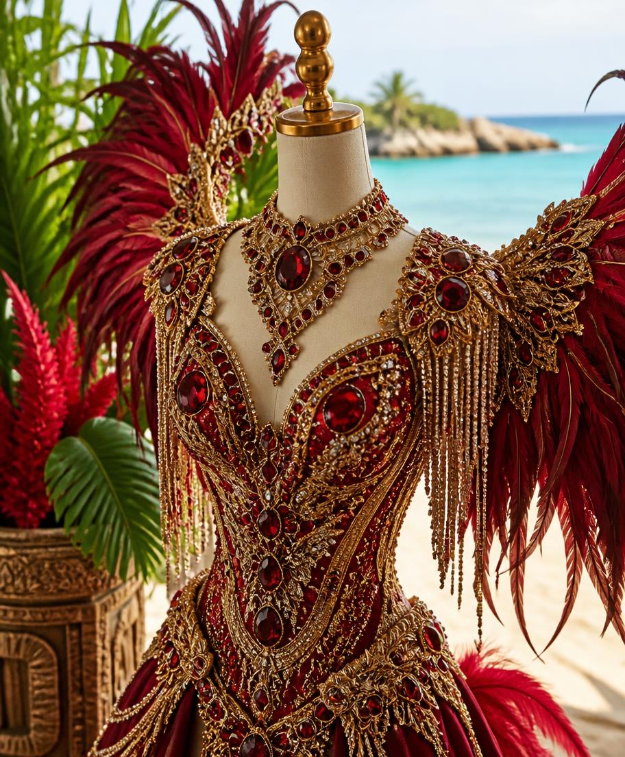 Ruby and gold Carnival costume displayed by the Caribbean sea